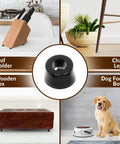 60 Piece Grippy Rubber Feet Set For Cutting Boards And Kitchen Appliances 0.59 x 0.31 Inches With 304 Stainless Steel Screws And Washers PVC Non Slip Bumper Pads For Furniture And Home Use, showing black rubber foot used on various household items including knife holder, chair legs, wooden box, and dog food bowl.
