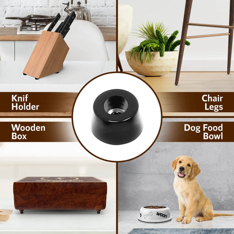 60 Piece Grippy Rubber Feet Set For Cutting Boards And Kitchen Appliances 0.59 x 0.31 Inches With 304 Stainless Steel Screws And Washers PVC Non Slip Bumper Pads For Furniture And Home Use, showing black rubber foot used on various household items including knife holder, chair legs, wooden box, and dog food bowl.
