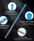 Front view of YEXEY 7-piece masonry drill bit set with blue spiral flutes, tungsten carbide tips, 1/4" hex shank