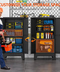 Tall 47.2 Inch Metal Garage Storage Cabinet With Door And Adjustable Shelves For Indoor And Outdoor Use Heavy Duty Steel Tool Cabinet For Home Office Warehouse And Garage Black Versatile File Cabinet For Papers Tools And Supplies in garage setting with tools organized inside.