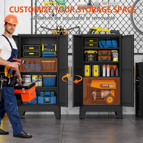 Tall 47.2 Inch Metal Garage Storage Cabinet With Door And Adjustable Shelves For Indoor And Outdoor Use Heavy Duty Steel Tool Cabinet For Home Office Warehouse And Garage Black Versatile File Cabinet For Papers Tools And Supplies in garage setting with tools organized inside.