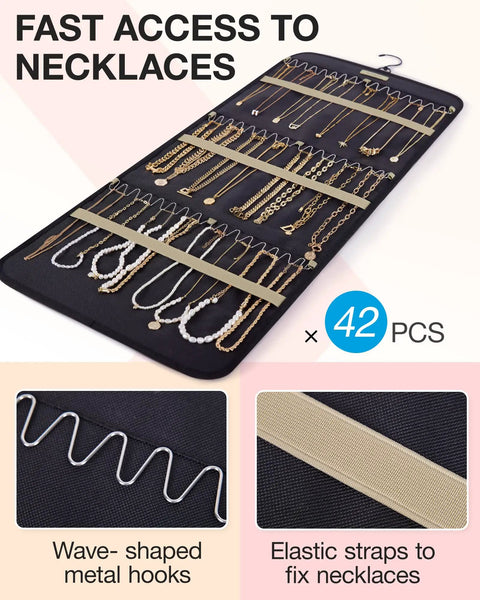Premium Hanging Jewelry Organizer Roll With Durable Wave Shaped Hooks Holds Forty Two Chains Earrings And Rings For Quick Travel Access Black Gonna Keep Your Bling Completely Locked Down