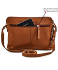 Top Shelf Genuine Leather Crossbody Bag for Women Small Soft Pebbled Nappa Cowhide Sling Shoulder Purse with Fully Adjustable Strap in Warm Cognac Shade showing back zip pocket with passport.