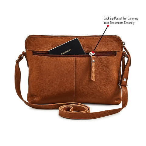Top Shelf Genuine Leather Crossbody Bag for Women Small Soft Pebbled Nappa Cowhide Sling Shoulder Purse with Fully Adjustable Strap in Warm Cognac Shade showing back zip pocket with passport.