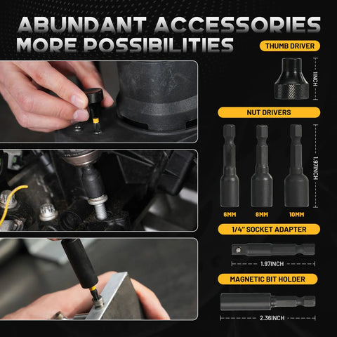 Detail view of Badass 105 Piece Titanium Drill Bit Set with thumb driver and nut drivers for versatile applications.