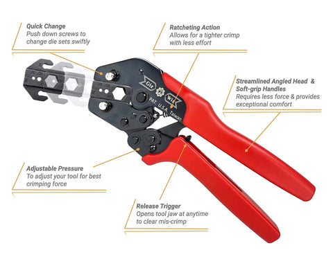 Ergonomic RF Coax Quick Change Crimp Tool Kit With 5 Interchangeable Die Sets In Durable Carrying Case, Time Saving Ratchet Crimper For RF Cables And Connectors, Ultra Comfortable Grip For Fast, Precise Crimping showing annotations of features.