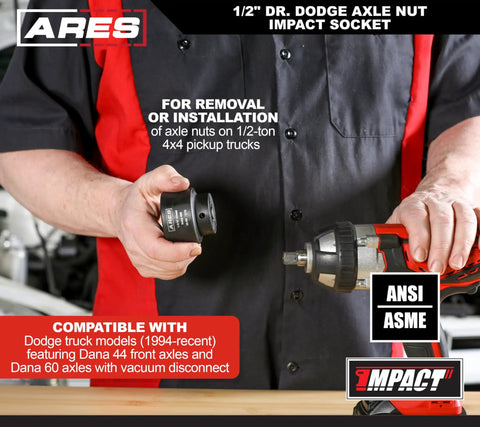 Mechanic holding impact wrench and Dodge Axle Nut Socket One And Eleven Sixteenths Inch One Half Inch Drive Chrome Moly
