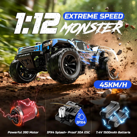 One Twelve Scale Fast RC Truck With Dual Batteries 45 KPH 4WD Off Road Monster RC Car For Adults And Kids in action on dirt