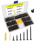 Road-Ready 6 Wood And Drywall Screw Kit With 300 Pieces, assorted black screws and wall plugs in clear storage case.