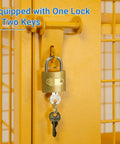 Close-up of lock and keys on upgraded propane tank storage box for four cylinders, beefed up horizontal cabinet, powder coated yellow.