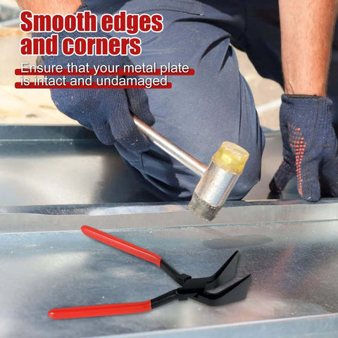 Worker using rubber mallet with Pro Grade Three Piece Hand Seamer Set For Sheet Metal Bending And Flattening on metal panel
