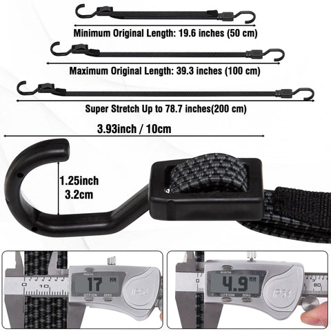 Heavy Duty Bungee Cords With Hooks 40 Inch Flat Adjustable Rubber Black Straps With Buckle Hooks For Outdoor Camping Tarps Bike Rack Tent Truck 4 Pack Bundle showing length and hook details