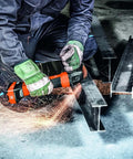 Pro Rig Cordless Angle Grinder With 125 Mm Disc And 18 Volt Brushless Motor Cranks Out 1100 Watts Of Torque in use on metal work.