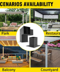 Heavy Duty Steel 3-Way Pergola Brackets Kit for 3.5x3.5 Inch Lumber, shown installed in park, restaurant, balcony, courtyard.