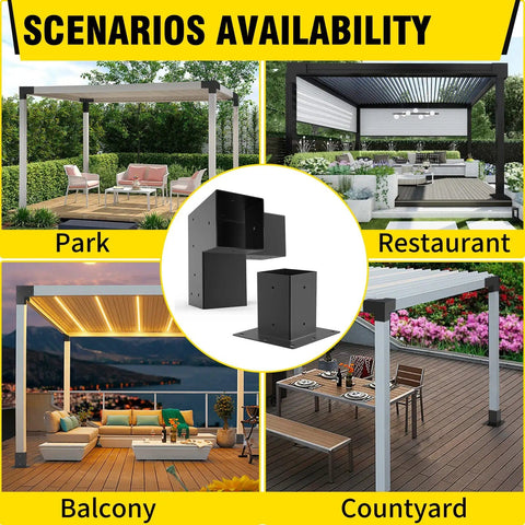 Heavy Duty Steel 3-Way Pergola Brackets Kit for 3.5x3.5 Inch Lumber, shown installed in park, restaurant, balcony, courtyard.