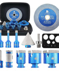 Tile hole saw kit by BRSCHNITT with blue diamond core bits and diamond blade in a black carrying case