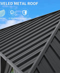 Close-up of 10x10 Foot Metal Hardtop Gazebo with gray galvanized beveled roof, showing UV-blocking and durable design.
