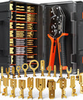 Spade Terminal Crimping Tool Kit For AWG 24-14 Wire With 24 Quick Disconnect Non-Insulated Open Barrel Connectors, tool box open