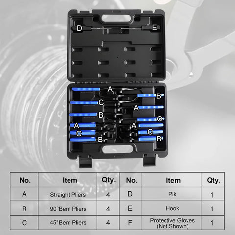 14 Piece Snap Ring Pliers Set With Internal And External Retaining Rings Pliers Including 45 Degree And 90 Degree Bent And Straight Tips Plus Hook And Pick Tools Heavy Duty Removal Kit With Storage Case And Gloves displayed in open case.