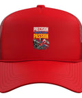 Cool Red Trucker Hat For Machinists And CNC Geeks Featuring Vise And Gauge Square Printed Design With Adjustable Mesh Back Fit, front view.