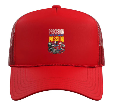 Cool Red Trucker Hat For Machinists And CNC Geeks Featuring Vise And Gauge Square Printed Design With Adjustable Mesh Back Fit, front view.