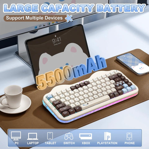 Killer 75 Percent Wireless Mechanical Keyboard With Cute Cake Theme And Compact Layout Featuring Smooth Choco And Candy Switches For A Sweet Gaming Setup And Dope Desk Vibes on a desk with devices.