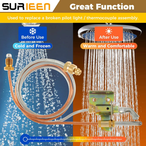Surieen water heater pilot assembly for LP propane; copper tubing and brass fittings with thermocouple