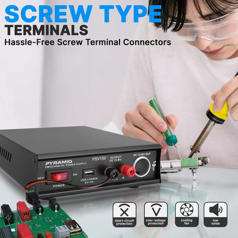 Beefy Universal Compact Benchtop Power Supply 12 Amp Variable Linear Regulated AC DC Converter with screw terminals in use