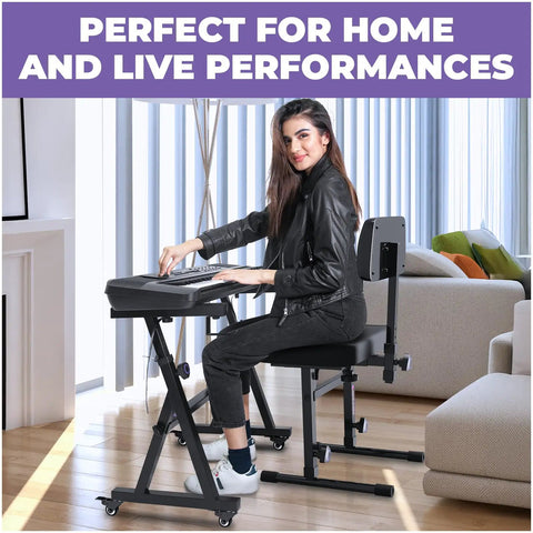Heavy Duty Piano Keyboard Stand With Wheels And Adjustable Bench For 54 To 88 Key Digital Pianos Portable Rack And Stool Set.