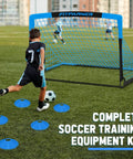 Boy playing with Backyard Kids Soccer Goals Set Two Pack Portable Pop Up Nets With Ball Cones Pump And Ground Stakes Complete Training Gear Kit For Kids Ages 3 To 14 Outdoor Sports Fun on a field.