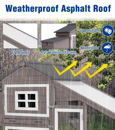 Ultimate Chicken Coop with run and wheels featuring weatherproof asphalt roof with UV resistant PVC cover and waterproof design.
