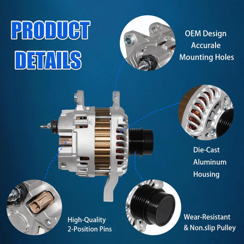 Plug And Play Alternator Replacement For Jeep Compass Patriot Avenger Caliber Sebring 1.8L 2.0L 2.4L L4 Engines Fits 2007 2017 Models And More 4801323AB 4801323AC 4801323AD High Output Automotive Alternator with OEM design, die-cast aluminum housing, wear-resistant pulley.