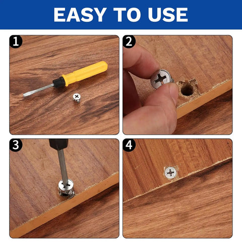 Step-by-step installation of 150 Piece Cam Lock Fastener Kit For Furniture DIY 3 In 1 Eccentric Hardware With Nuts, Screws And Dowels