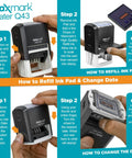 Super Large Rolling Date Self Inking Stamp With Receive Alert And Custom Line Dual Blue Red Ink Desk Essential demonstrating refill instructions.
