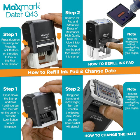 Super Large Rolling Date Self Inking Stamp With Receive Alert And Custom Line Dual Blue Red Ink Desk Essential demonstrating refill instructions.