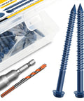 30 Piece One Quarter Inch By Two And Three Quarters Inches Concrete Screws With Slotted Hex Washer Head Masonry Stucco Anchors Kit Includes Three Sixteenths Inch Drill Bit Self Tapping For Easy DIY Friendly Anchoring To Masonry Block Or Brick Stucco, showing screws and drill bit