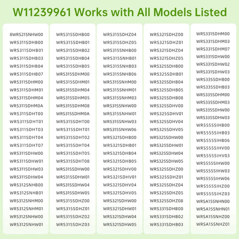 Model compatibility list for Upgraded Door Shelf Bin Replacement for Fridge Exact Fit W11239961 and other models.