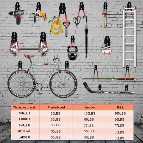 16 Pack Garage Hooks Set Durable Wall Mount Storage System With Heavy Duty Industrial Hangers for bikes, tools, and ladders on wall.