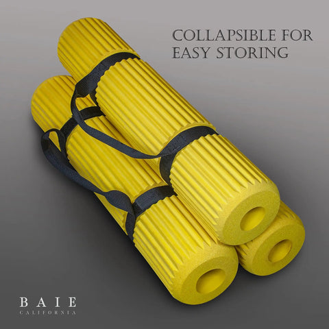 Two Tank Scuba Cylinder Rack With Carrying Handle in yellow foam with straps, collapsible for easy storing.