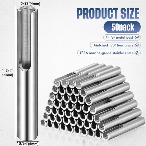 50 Pack 316 Marine Grade Stainless Steel Invisible Cable Railing Kit For 1/8 Inch Rope Seamless Deck Gate And Balcony Terminal Anchors pro grade hardware stacked showing dimensions.