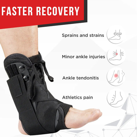Upgraded Lace Up Ankle Brace With Adjustable Wrap For Women And Men Ankle Support Stabilizer shown on foot for recovery