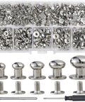Heavy Duty Round Head Button Studs And Chicago Screws Assorted In 120 Pieces Dope Silver Zinc Alloy Hardware For Leather Craft DIY.