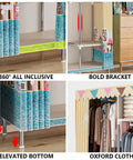 Hella Spacious Portable Fabric Wardrobe With Secure Hanging Rail And Extra Shelves Slick Clothes Closet Storage Organizer For Bedroom And Home Office Quick Setup features Oxford cloth and elevated bottom.