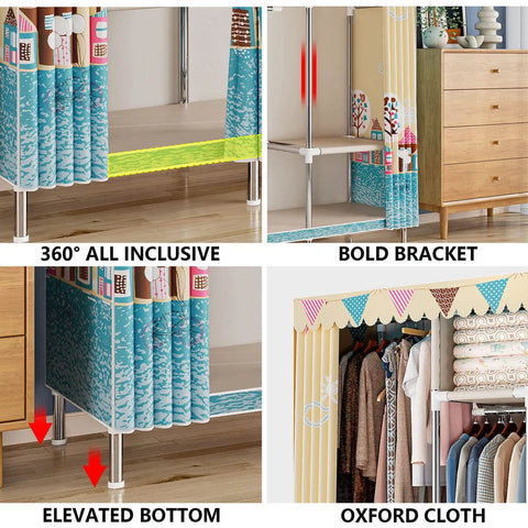 Hella Spacious Portable Fabric Wardrobe With Secure Hanging Rail And Extra Shelves Slick Clothes Closet Storage Organizer For Bedroom And Home Office Quick Setup features Oxford cloth and elevated bottom.