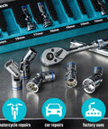 Three Eighth Inch Drive Universal Joint Socket Set Swivel Socket Set Ten Piece Metric Range Ten To Nineteen mm with CR-V steel heat treatment on a workbench with repair icons
