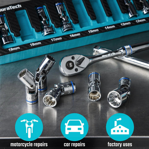 Three Eighth Inch Drive Universal Joint Socket Set Swivel Socket Set Ten Piece Metric Range Ten To Nineteen mm with CR-V steel heat treatment on a workbench with repair icons