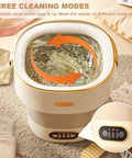 Portable Foldable Washing Machine 13 Liter Mini Washer With Spin Basket showing three cleaning modes and water in the drum.