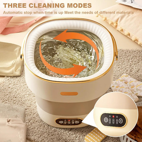 Portable Foldable Washing Machine 13 Liter Mini Washer With Spin Basket showing three cleaning modes and water in the drum.