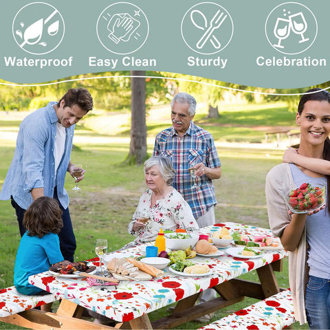 Family enjoying picnic with All-in-One Picnic Table Cover Set With Bench Covers For 6 Foot Tables, Flower Print in park