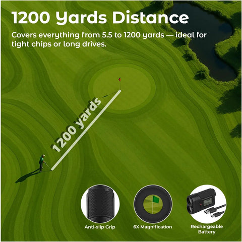 Golf Range Finder With Slope Switch On Off 1200 Yards Laser Range Finder Flag Lock Vibration 6x Magnification with side display.